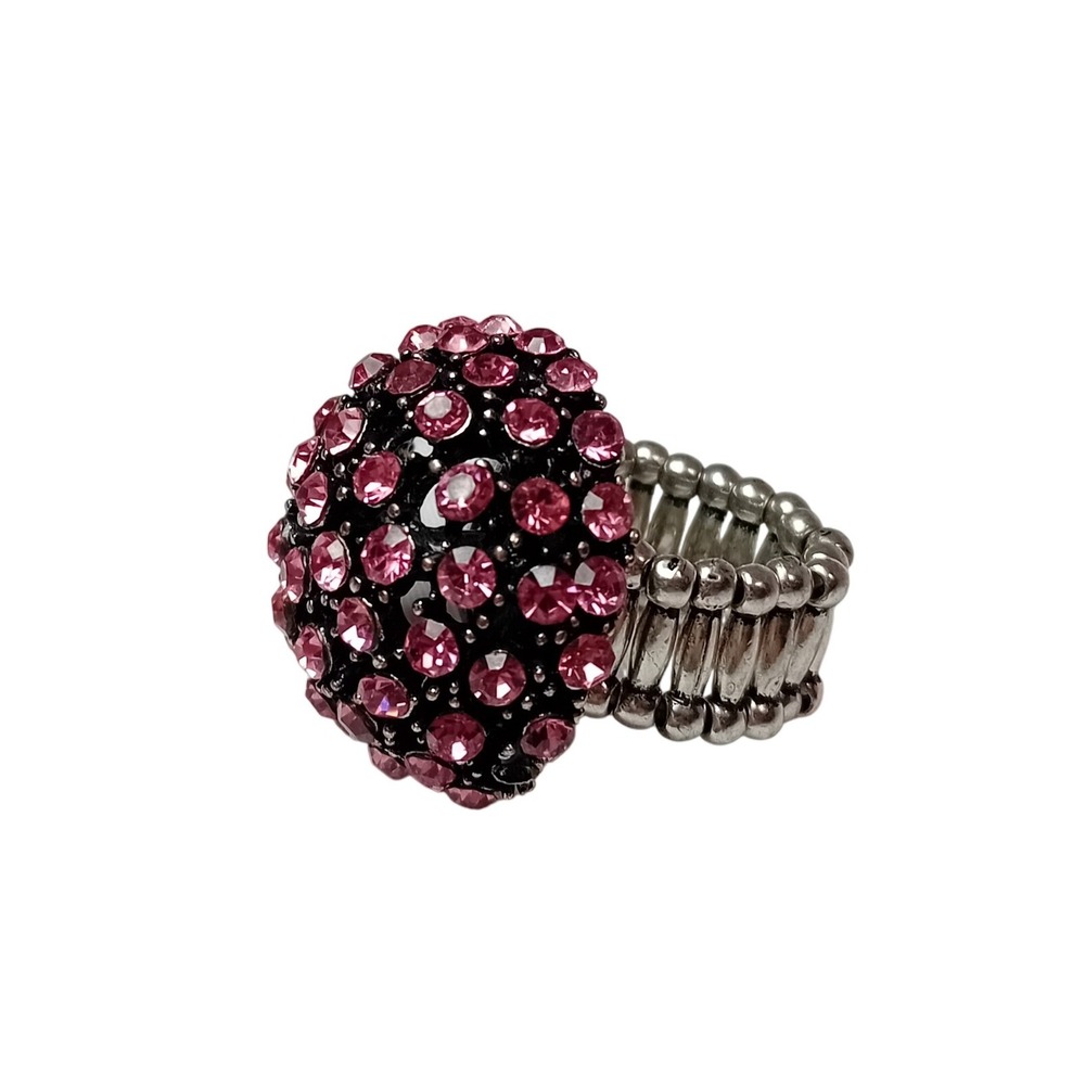 Vintage Bling Pink Rhinestone Dome Ring Stretch Silver Tone Sparkly‎ Statement